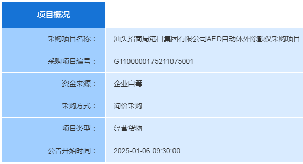 汕头招商局港口集团有限公司AED自动体外除颤仪采购项目-询价采购公告